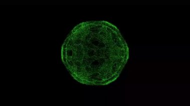 3D abstract alien sphere with holes rotates on black background. Object consisting of green flickering particles 60 FPS. Science concept. Abstract bg for title, presentation. Screensaver. 3D animation