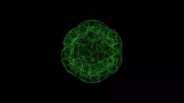 3D abstract alien sphere rotates on black background. Object consisting of green flickering particles 60 FPS. Science concept. Abstract bg for title, presentation. Screensaver. 3D animation.