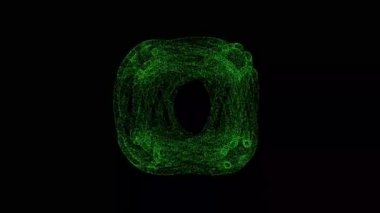 3D abstract alien cube rotates on black background. Object consisting of green flickering particles 60 FPS. Science concept. Abstract bg for title, presentation. Screensaver. 3D animation.