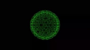 3D abstract sphere with holes rotates on black background. Object consisting of green flickering particles 60 FPS. Science concept. Abstract bg for title, presentation. Screensaver. 3D animation