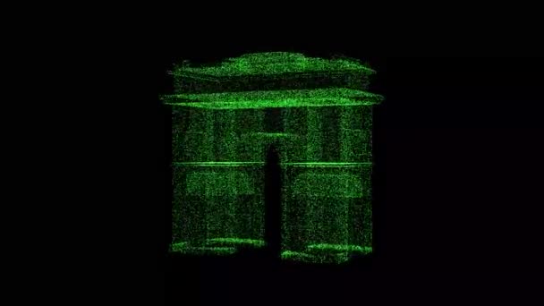 Arc Triomphe Rotates Black Background Object Consisting Green Flickering Particles — Stock video