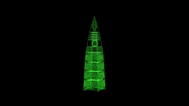 Faisaliyah Tower Вращается Черном Фоне Объект Состоящий Зеленых Мерцающих Частиц — стоковое видео