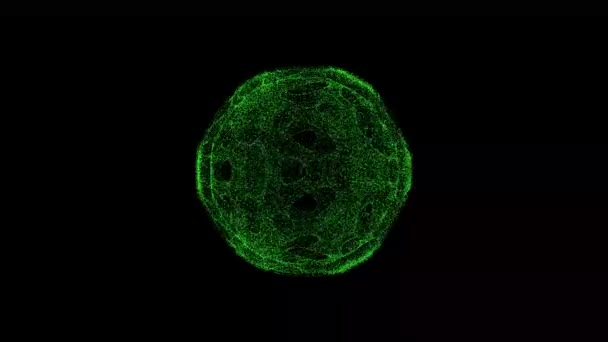 3D抽象的带有孔的外星球体在黑色背景上旋转 由60 Fps的绿色闪烁粒子组成的物体 科学概念 摘要标题 屏幕保护程序 3D动画 — 图库视频影像