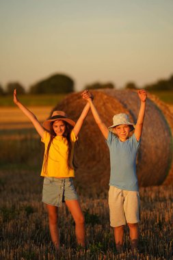 Two children are standing with their hands up on the field and a beautiful romantic sunset, the concept of a happy natural family, front view