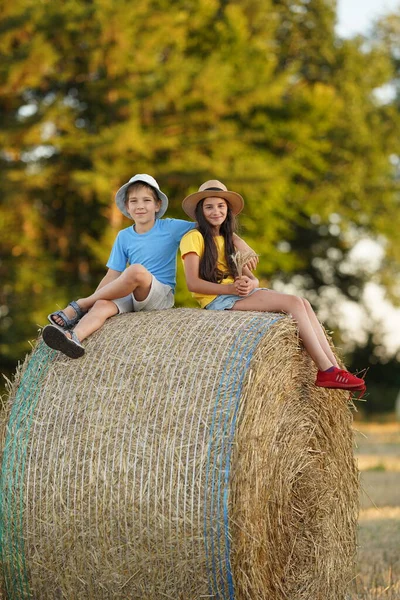 A fair-haired boy and girl are sitting on a haystack at sunset and are chatting. two children sit on a haystack in the forest