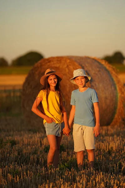 Two children in bright summer clothes stand in a field with a haystack.. The children are dressed in summer clothes and look into the camera. A boy and a girl against the backdrop of beautiful nature. Happy family.