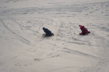 Children in winter on plastic plates cheerfully descend through the snow from the mountain. Fun winter holidays.