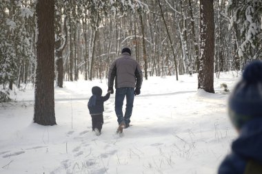 Happy young father and children boy, son walk and play in the winter park. Portrait happy family running and falling in the snow outdoors. Selective focus.