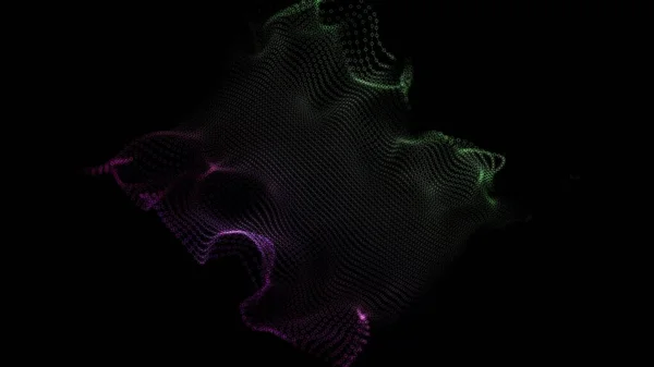 Colorful Green and Purple Wavy Particle Surface on Black Background. Technology or Science Banner. Particles with DOF Effect. 3D rendering.