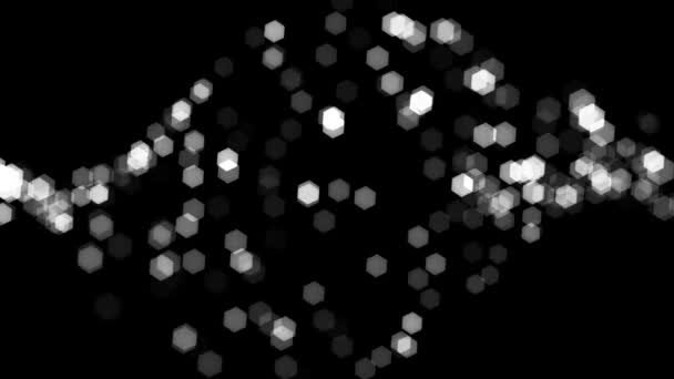 Black Background Blurred White Bokeh Lights Circles Hexagon Shapes Diagonal — Vídeos de Stock