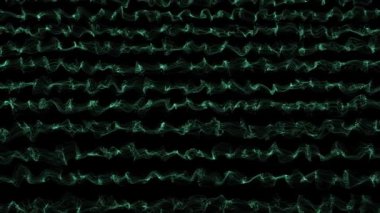 Multiple neon green turquoise intersecting lines, tech fibers motion. Cool flowing curves pattern background, geometric design. Futuristic smoky pattern for cover, banner layout. 60 fps 3D render.