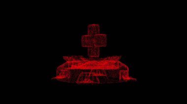 3D medical care on black bg. Object dissolved red flickering particles. Business backdrop. Science concept. Abstract bg title, presentation. Holographic screensaver. 3D animation.