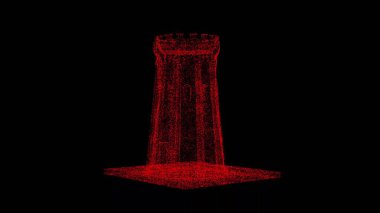 3D medieval tower on black bg. Object dissolved red flickering particles. Business backdrop. Science concept. Abstract bg title, presentation. Holographic screensaver. 3D animation.