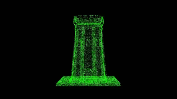 3D medieval tower on black bg. Object dissolved green flickering particles. Business backdrop. Science concept. Abstract bg title, presentation. Holographic screensaver. 3D animation.