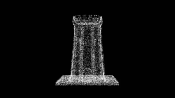 3D medieval tower on black bg. Object dissolved white flickering particles. Business backdrop. Science concept. Abstract bg title, presentation. Holographic screensaver. 3D animation.