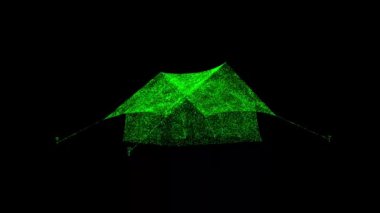 3D tourist tent rotates on black bg. Object dissolved green flickering particles 60 FPS. Business backdrop. Science concept. Abstract bg title, presentation. Holographic screensaver. 3D animation