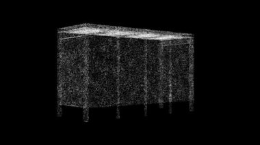 3D bus stop rotates on black bg. Object dissolved white flickering particles 60 FPS. Business backdrop. Science concept. Abstract bg title, presentation. Holographic screensaver. 3D animation