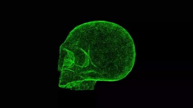 3D skull rotates on black bg. Object dissolved green flickering particles 60 FPS. Business backdrop. Science concept. Abstract bg title, presentation. Holographic screensaver. 3D animation