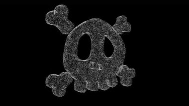 3D poison skull bones rotates on black bg. Object dissolved white flickering particles 60FPS. Business backdrop. Science concept. Abstract bg title, presentation. Holographic screensaver. 3D animation