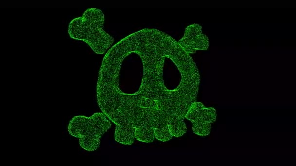 Poison Skull Bones Rotates Black Object Dissolved Green Flickering Particles — Video Stock