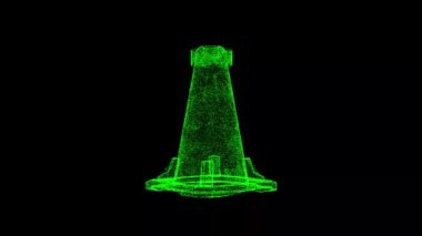 3D traffic cone rotates on black bg. Object dissolved green flickering particles 60 FPS. Business backdrop. Science concept. Abstract bg for title, presentation. Holographic screensaver. 3D animation.