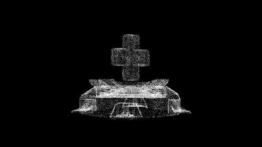 3D medical care rotates on black bg. Object dissolved white flickering particles 60 FPS. Business backdrop. Science concept. Abstract bg title, presentation. Holographic screensaver. 3D animation.