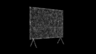 3D road sign board rotates on black bg. Object dissolved white flickering particles 60 FPS. Business backdrop. Science concept. Abstract bg title, presentation. Holographic screensaver. 3D animation.