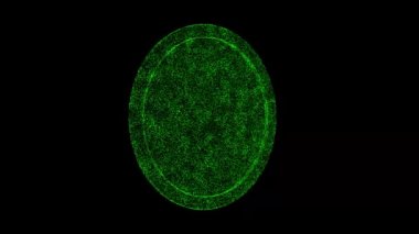 Üç boyutlu ayna siyah bg üzerinde döner. Nesne çözünmüş yeşil parçacıklar 60 FPS. İş geçmişi. Bilim konsepti. Soyut bg başlığı, sunum. Holografik ekran koruyucu. 3 Boyutlu Canlandırma.