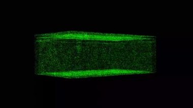 Üç boyutlu kutu siyah bg üzerinde döner. Nesne çözünmüş yeşil parçacıklar 60 FPS. İş geçmişi. Bilim konsepti. Soyut bg başlığı, sunum. Holografik ekran koruyucu. 3 Boyutlu Canlandırma.