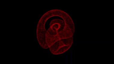 Üç boyutlu düğüm siyah arkaplanda döner. Nesne çözünmüş kırmızı titreşen parçacıklar 60 FPS. İş geçmişi. Bilim konsepti. Soyut bg başlığı, sunum. Holografik ekran koruyucu. 3 Boyutlu Canlandırma.