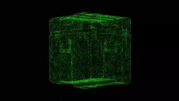 Futuristic Box Rotates Black Object Dissolved Green Flickering Particles Fps — Vídeo de Stock
