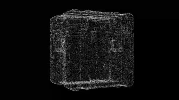 Caja Futurista Gira Negro Objeto Disuelto Blanco Partículas Parpadeantes Fps — Vídeos de Stock