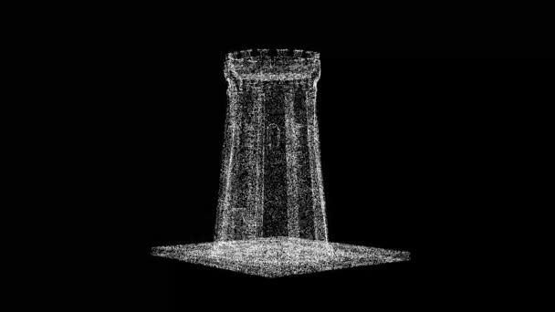 Medieval Tower Rotates Black Object Dissolved White Flickering Particles Fps — Stockvideo
