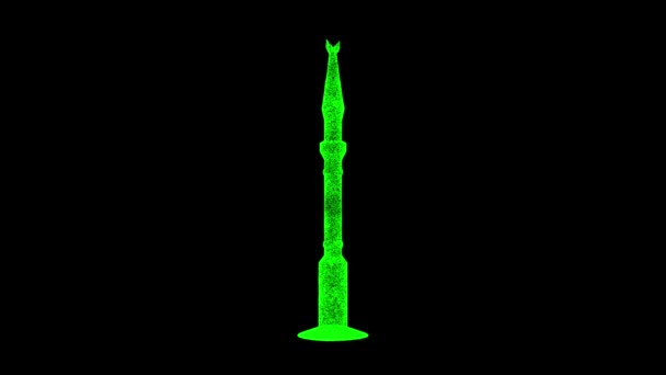 Minarete Gira Sobre Negro Objeto Disuelto Partículas Verdes Parpadeantes Fps — Vídeo de stock