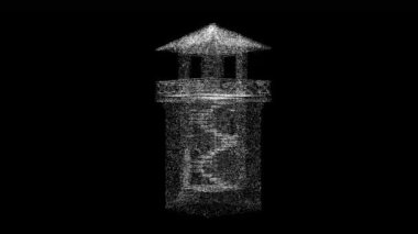 3D ortaçağ gözlem kulesi siyah bg üzerinde dönüyor. Nesne erimiş beyaz parçacıklar 60 FPS. İş için reklam arkaplanı. Bilim konsepti. Başlık, metin, sunum için. 3 Boyutlu Canlandırma.