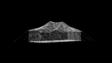 Üç boyutlu turist çadırı siyah bg üzerinde dönüyor. Nesne erimiş beyaz parçacıklar 60 FPS. İş için reklam arkaplanı. Bilim konsepti. Başlık, metin, sunum için. 3 Boyutlu Canlandırma.