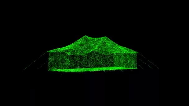 Boyutlu Turist Çadırı Siyah Üzerinde Dönüyor Nesne Çözünmüş Yeşil Parçacıklar — Stok video