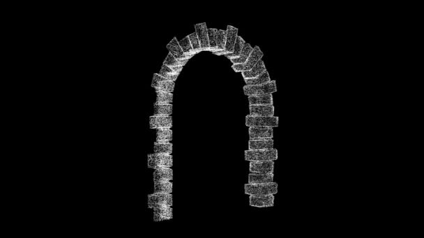 3D石拱在黑色方块上旋转 物体溶解了60 Fps的白色闪烁粒子 商业广告背景 科学概念 3D动画 — 图库视频影像