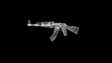 3D saldırı tüfeği AK47 siyah bg üzerinde dönüyor. Nesne erimiş beyaz parçacıklar 60 FPS. İş için reklam arkaplanı. Bilim konsepti. Başlık, metin, sunum için. 3 Boyutlu Canlandırma