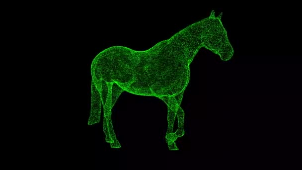 3D馬は黒い袋を回転させます 物体溶解緑のちらつき粒子60 Fps ビジネス広告の背景 科学の概念 タイトル テキスト プレゼンテーションのために 3Dアニメーション — ストック動画
