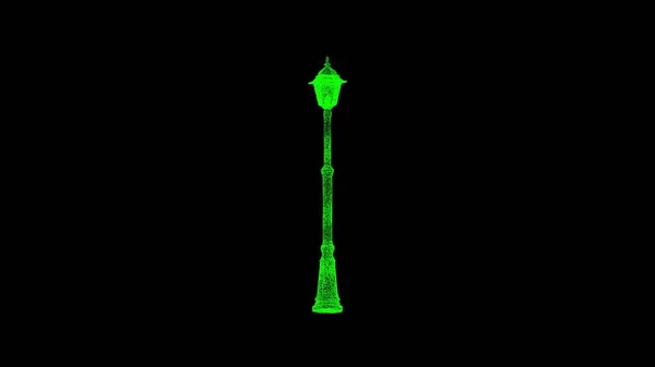 3D old street lamp on black bg. Object dissolved green flickering particles. Business backdrop. Science concept. Abstract bg title, presentation. Holographic screensaver. 3D animation.