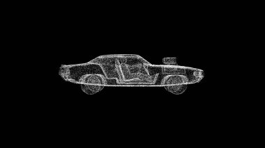 3D sports car on black bg. Object dissolved white flickering particles. Business advertising backdrop. Science concept. For title, text, presentation. 3D animation.