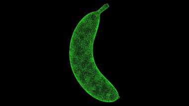 3D banana on black bg. Object dissolved green flickering particles. Business advertising backdrop. Science concept. For title, text, presentation. 3D animation