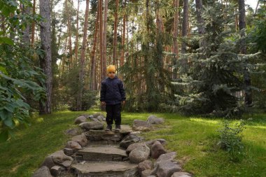 A cute baby boy poses on a natural stone staircase in a picturesque park. A child in nature