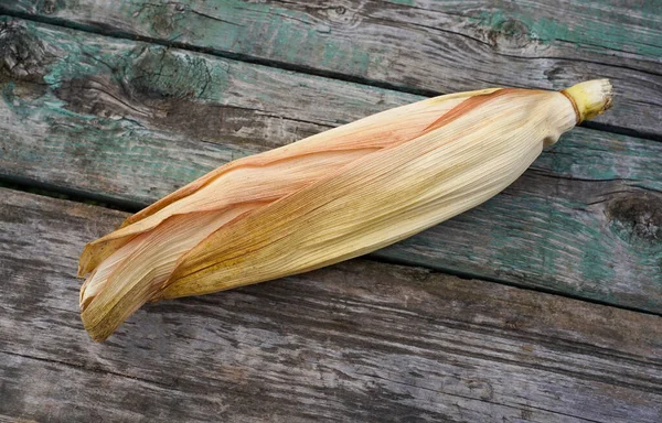 Сырая Органическая Кукуруза Кожей Деревянном Фоне — стоковое фото
