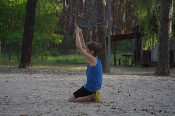 Cute Boy Having Fun Outdoor Playground Summer Active Sport Leisure — Stockfoto