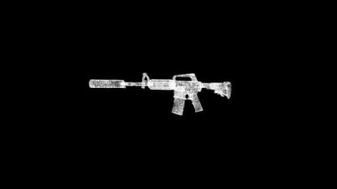 3D otomatik tüfek siyah bg üzerinde döner. Nesne erimiş beyaz parçacıklar 60 FPS. İş için reklam arkaplanı. Bilim konsepti. Başlık, metin, sunum için. 3 Boyutlu Canlandırma.