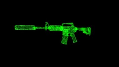 3D otomatik tüfek siyah bg üzerinde döner. Nesne çözünmüş yeşil parçacıklar 60 FPS. İş için reklam arkaplanı. Bilim konsepti. Başlık, metin, sunum için. 3 Boyutlu Canlandırma