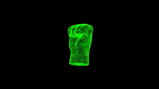 Ανθρώπινη Γροθιά Περιστρέφεται Μαύρο Αντικείμενο Διαλυμένο Πράσινο Τρεμοπαίζει Σωματίδια Fps — Αρχείο Βίντεο