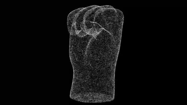 Human Fist Rotates Black Object Dissolved White Flickering Particles Fps — Stock Video